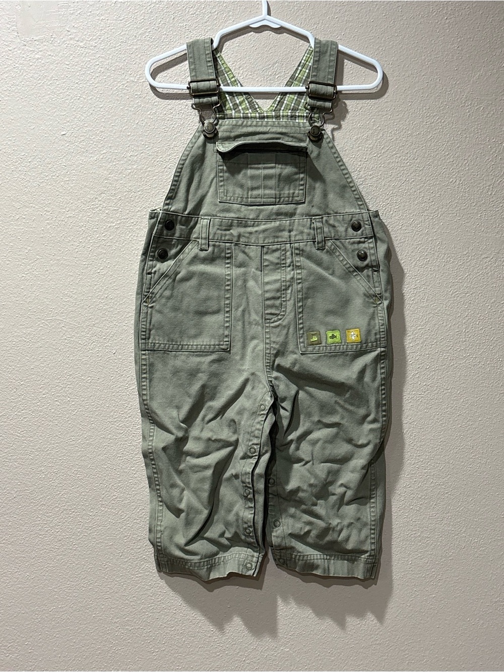 Gymboree Army green overalls with transportation patches